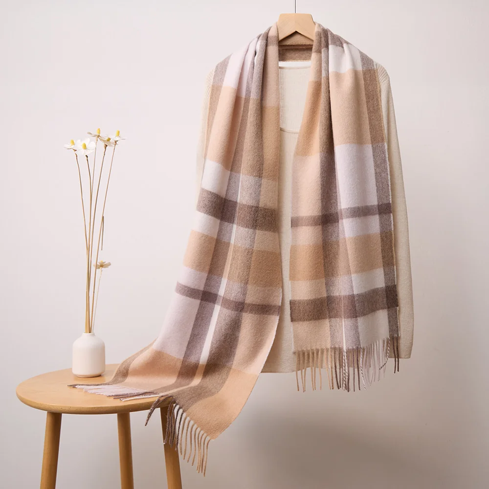 Mitchell-Y Pure Merino Wool Scarf - Camel & Ivory Plaid