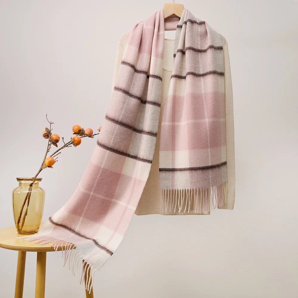 Mitchell-Y Pure Merino Wool Scarf - Blush & Cream Stripe Plaid