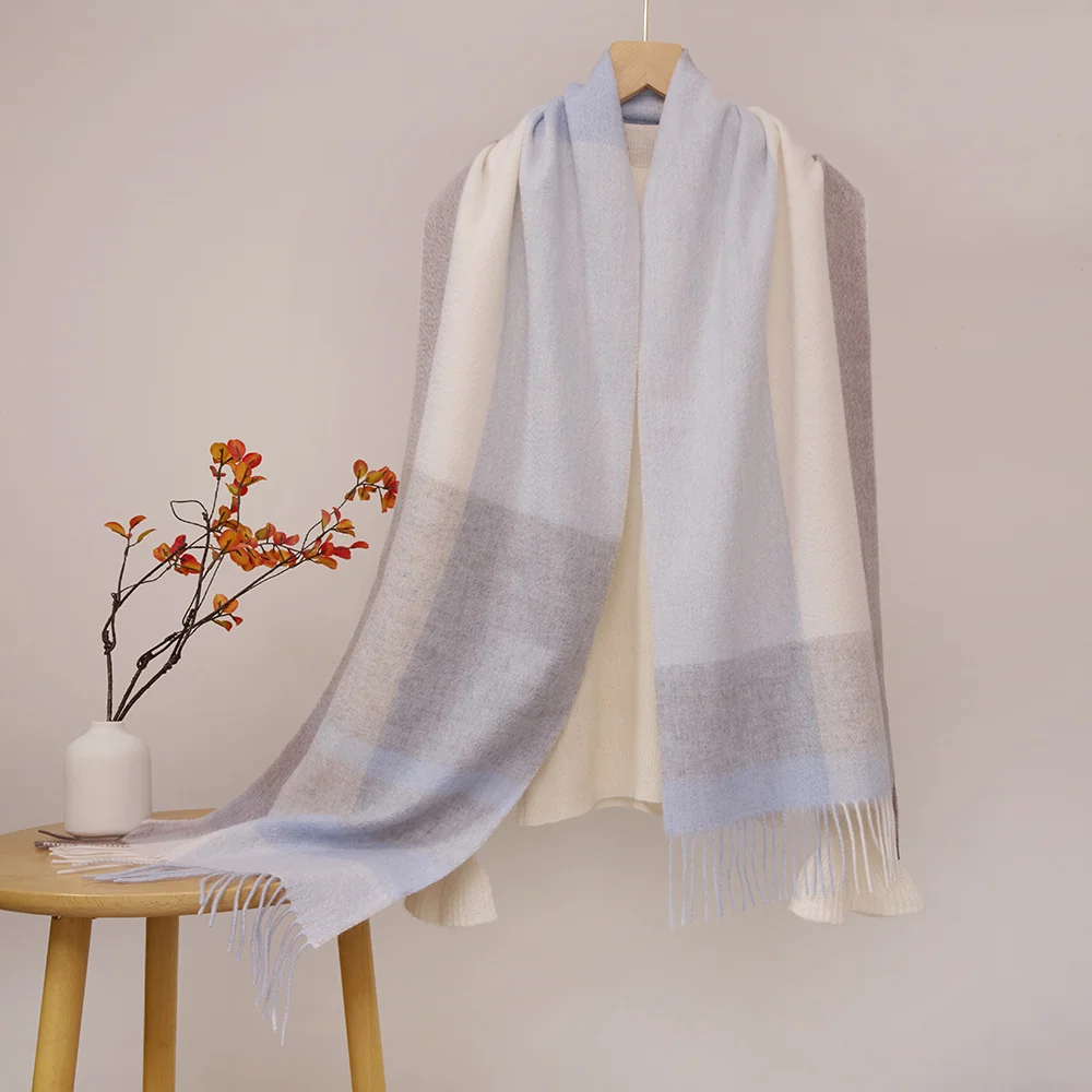 Mitchell-Y Pure Merino Wool Scarf - Pale Blue & Ivory Plaid