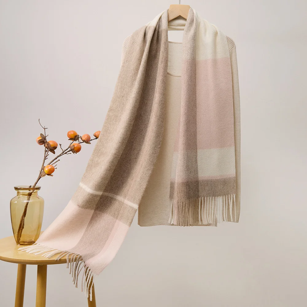 Mitchell-Y Pure Merino Wool Scarf - Ivory & Blush Plaid