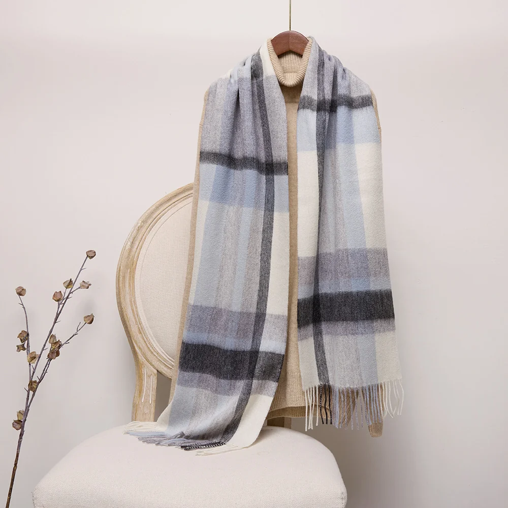 Mitchell-Y Pure Merino Wool Scarf - Grey & Navy Plaid