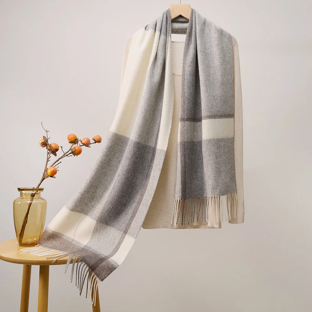 Mitchell-Y Pure Merino Wool Scarf - Ivory & Grey Plaid