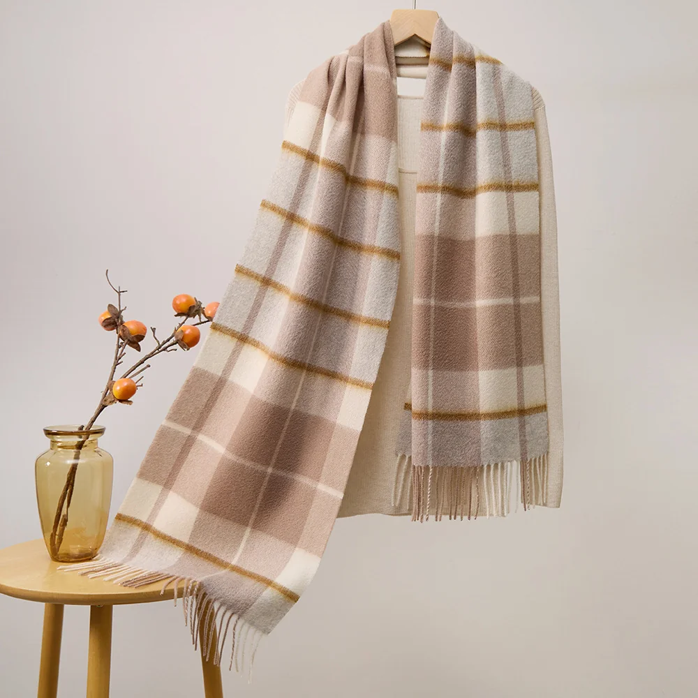 Mitchell-Y Pure Merino Wool Scarf - Ivory & Camel Stripe Plaid