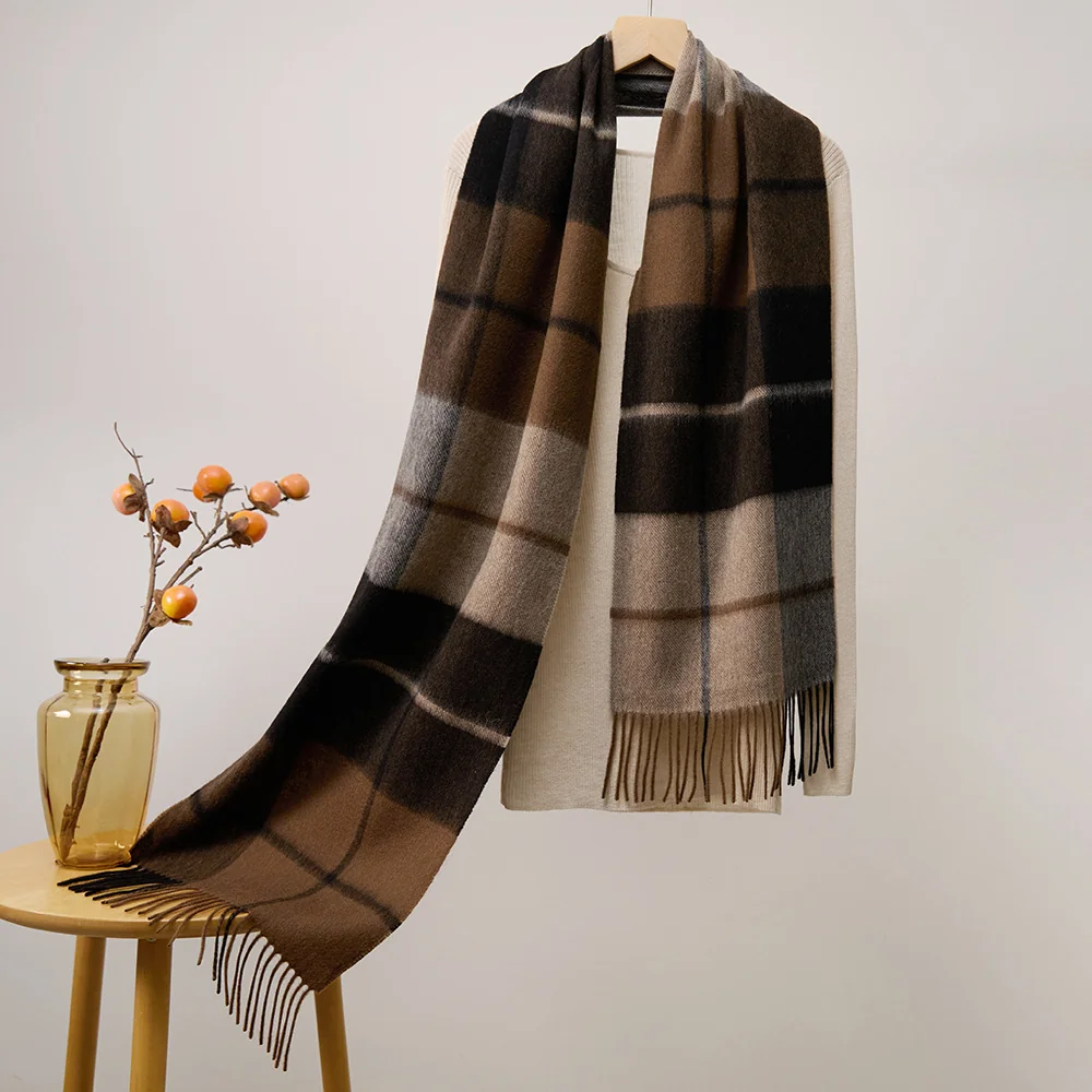Mitchell-Y Pure Merino Wool Scarf - Black & Camel Windowpane