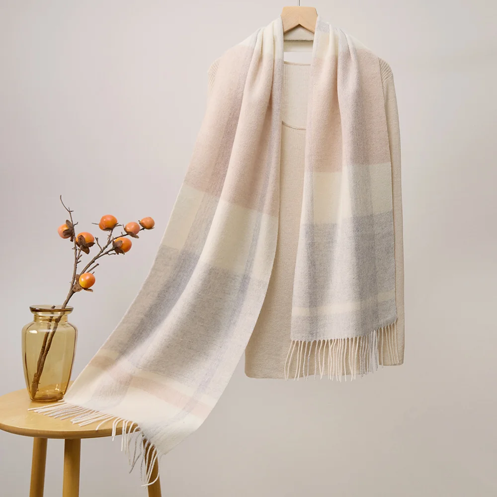 Mitchell-Y Pure Merino Wool Scarf - Ivory Tonal Plaid