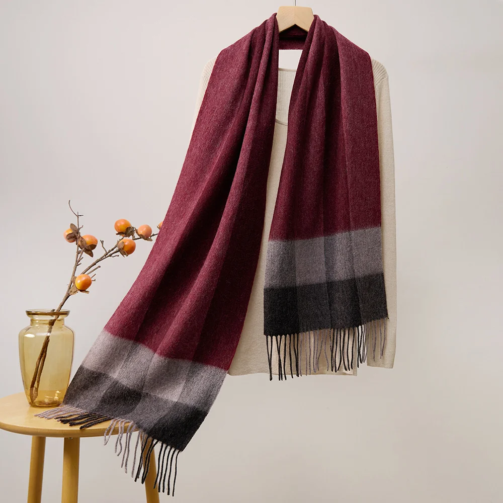 Mitchell-Y Pure Merino Wool Scarf - Burgundy & Charcoal Plaid