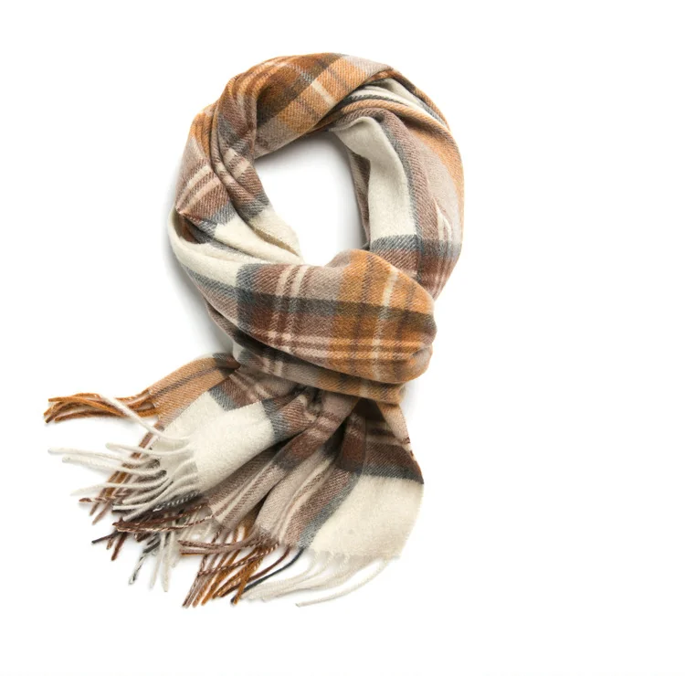 Mitchell-Y Pure Merino Wool Scarf - Camel & Cream Plaid