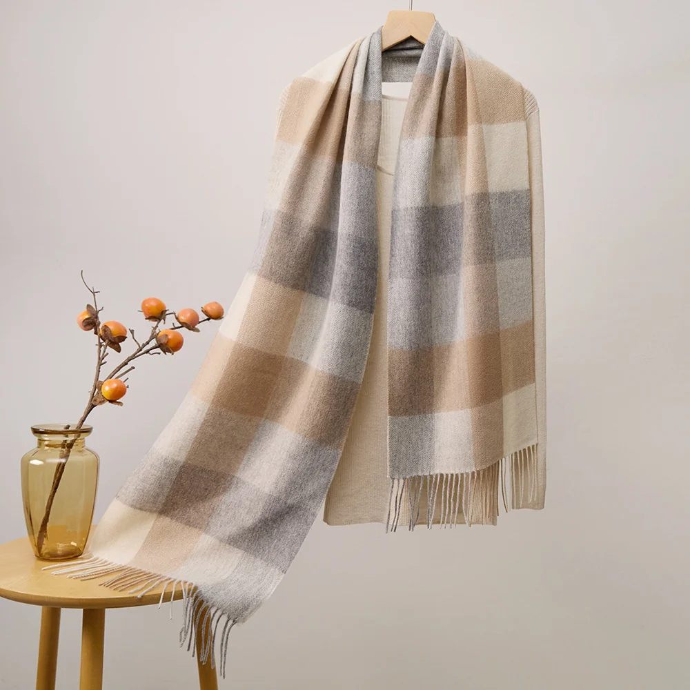 Mitchell-Y Pure Merino Wool Scarf - Beige & Grey Plaid
