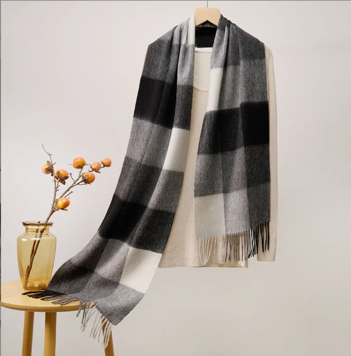 Mitchell-Y Pure Merino Wool Scarf - Black & Grey Block Check