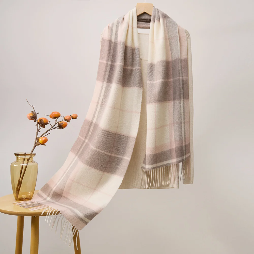 Mitchell-Y Pure Merino Wool Scarf - Blush Beige & Grey Plaid