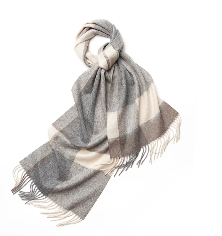 Mitchell-Y Pure Merino Wool Scarf - Grey & Taupe Plaid