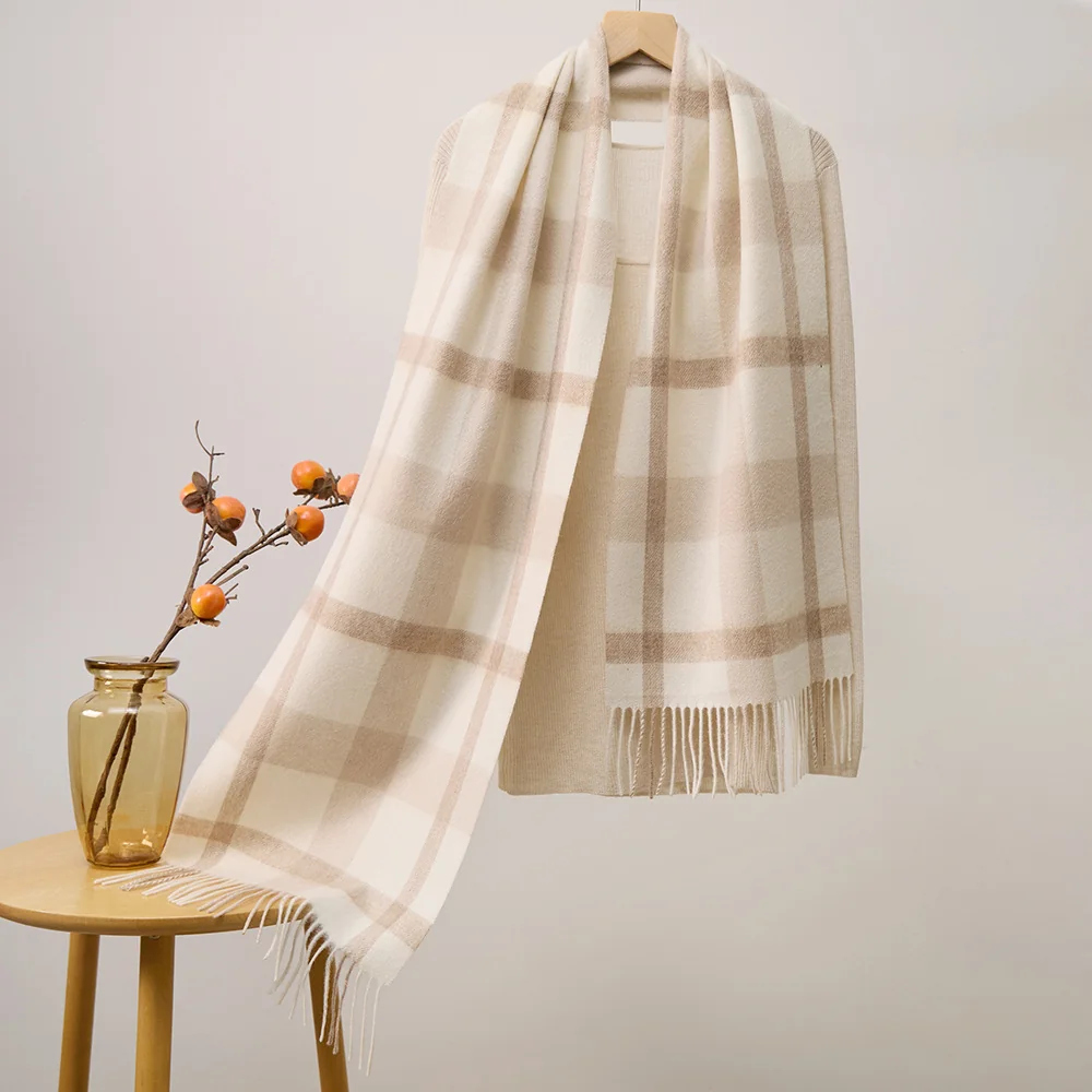 Mitchell-Y Pure Merino Wool Scarf - Ivory & Camel Fine Plaid