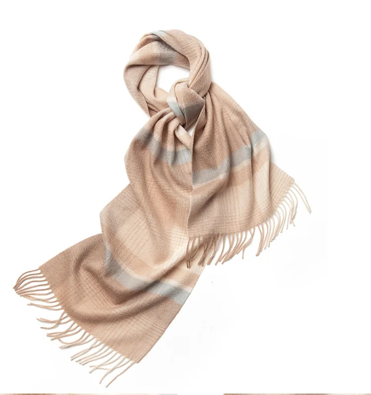 Mitchell-Y Pure Merino Wool Scarf - Camel & Blue-Grey Plaid