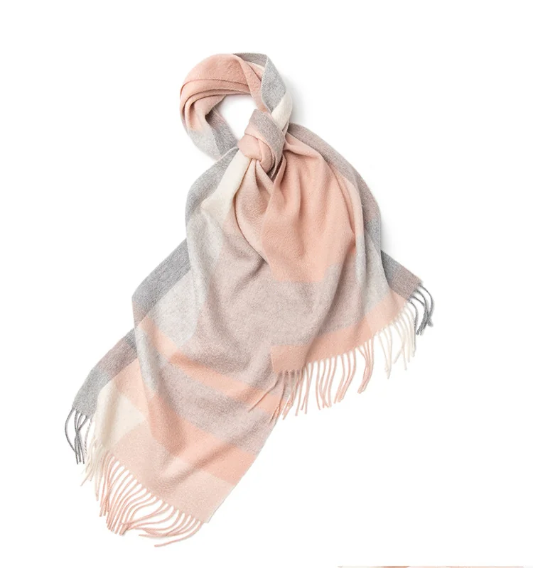 Mitchell-Y Pure Merino Wool Scarf - Blush & Grey Oversized Check