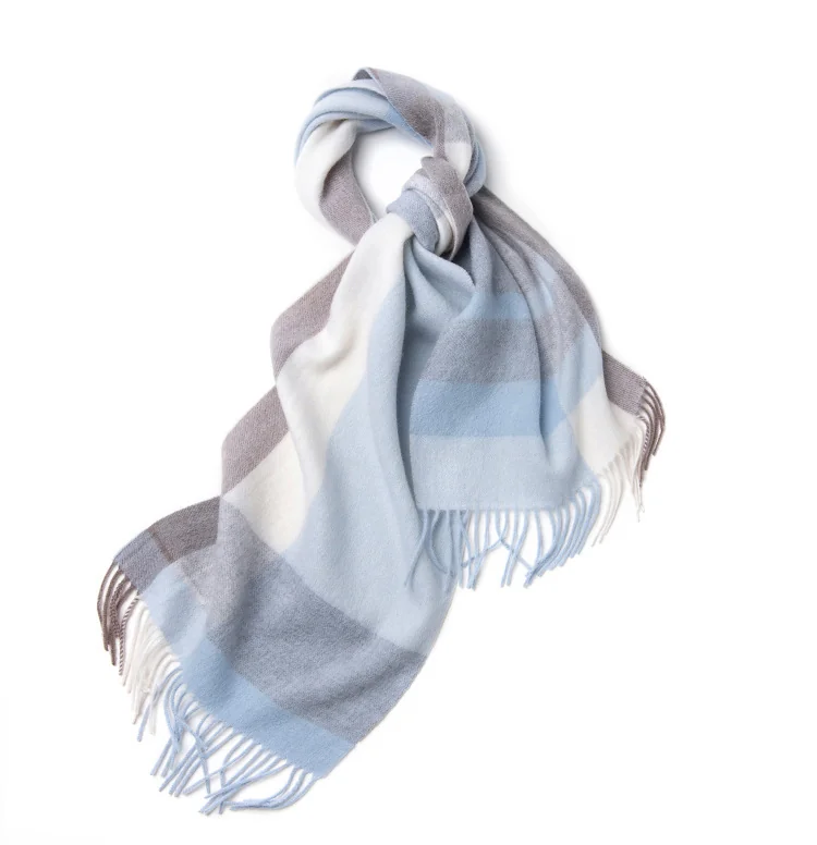 Mitchell-Y Pure Merino Wool Scarf - Pale Blue & Grey Plaid