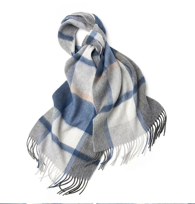 Mitchell-Y Pure Merino Wool Scarf - Navy & Grey Plaid