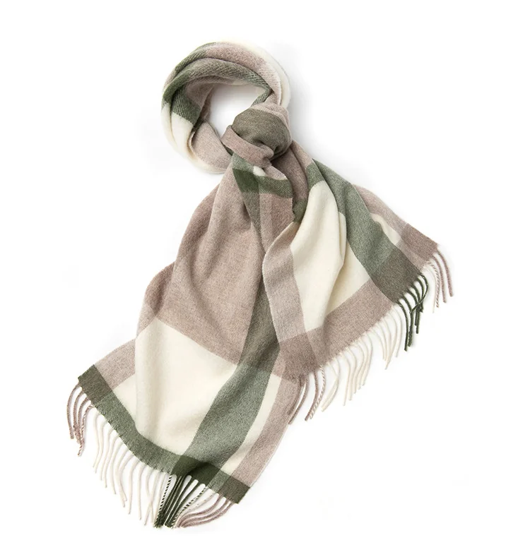 Mitchell-Y Pure Merino Wool Scarf - Cream & Olive Windowpane