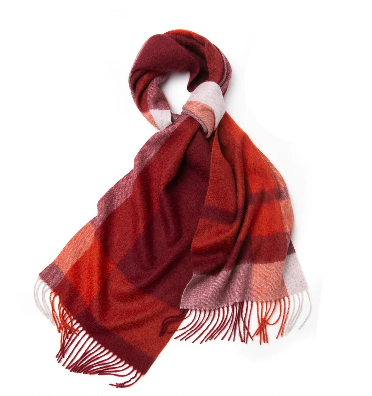 Mitchell-Y Pure Merino Wool Scarf - Red & Burgundy Block Check