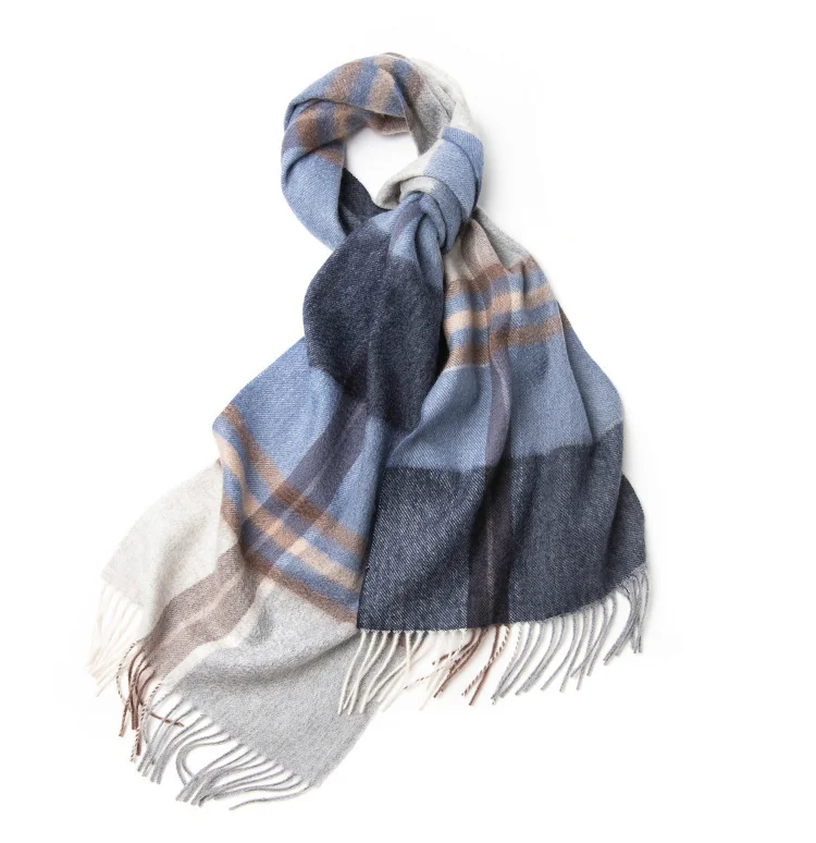 Mitchell-Y Pure Merino Wool Scarf - Navy & Grey Oversized Plaid
